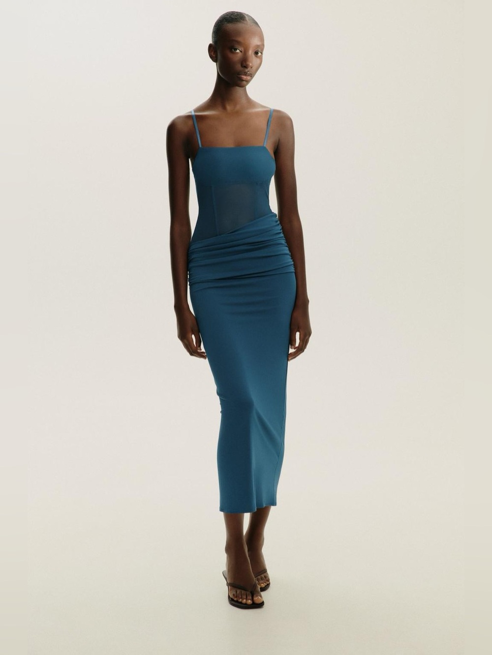 NWT. Zara Blue Mixed-Material Tulle Long Dress. Size S.